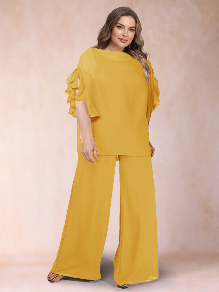 Black Chiffon Scoop Half Sleeves 2 Pieces Plus Size Jumpsuits with Ruches