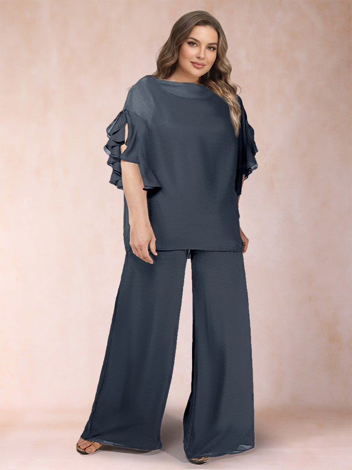 Black Chiffon Scoop Half Sleeves 2 Pieces Plus Size Jumpsuits with Ruches