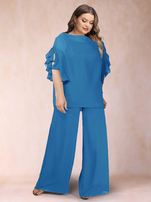 Black Chiffon Scoop Half Sleeves 2 Pieces Plus Size Pantsuits with Ruches