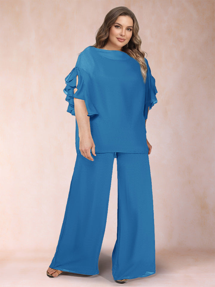 Black Chiffon Scoop Half Sleeves 2 Pieces Plus Size Jumpsuits with Ruches
