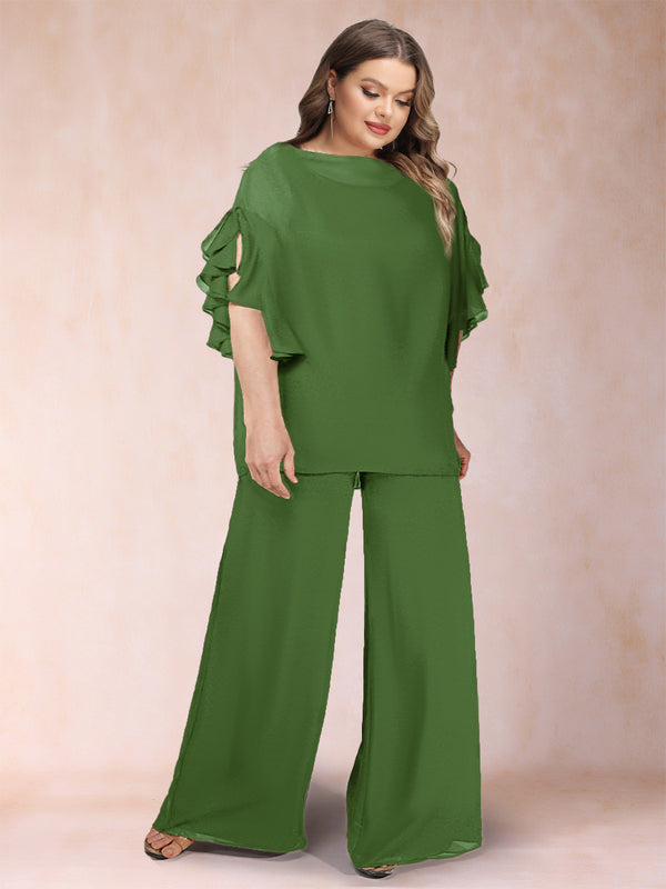 Black Chiffon Scoop Half Sleeves 2 Pieces Plus Size Pantsuits with Ruches