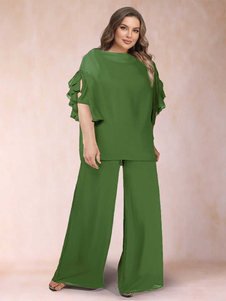 Black Chiffon Scoop Half Sleeves 2 Pieces Plus Size Jumpsuits with Ruches