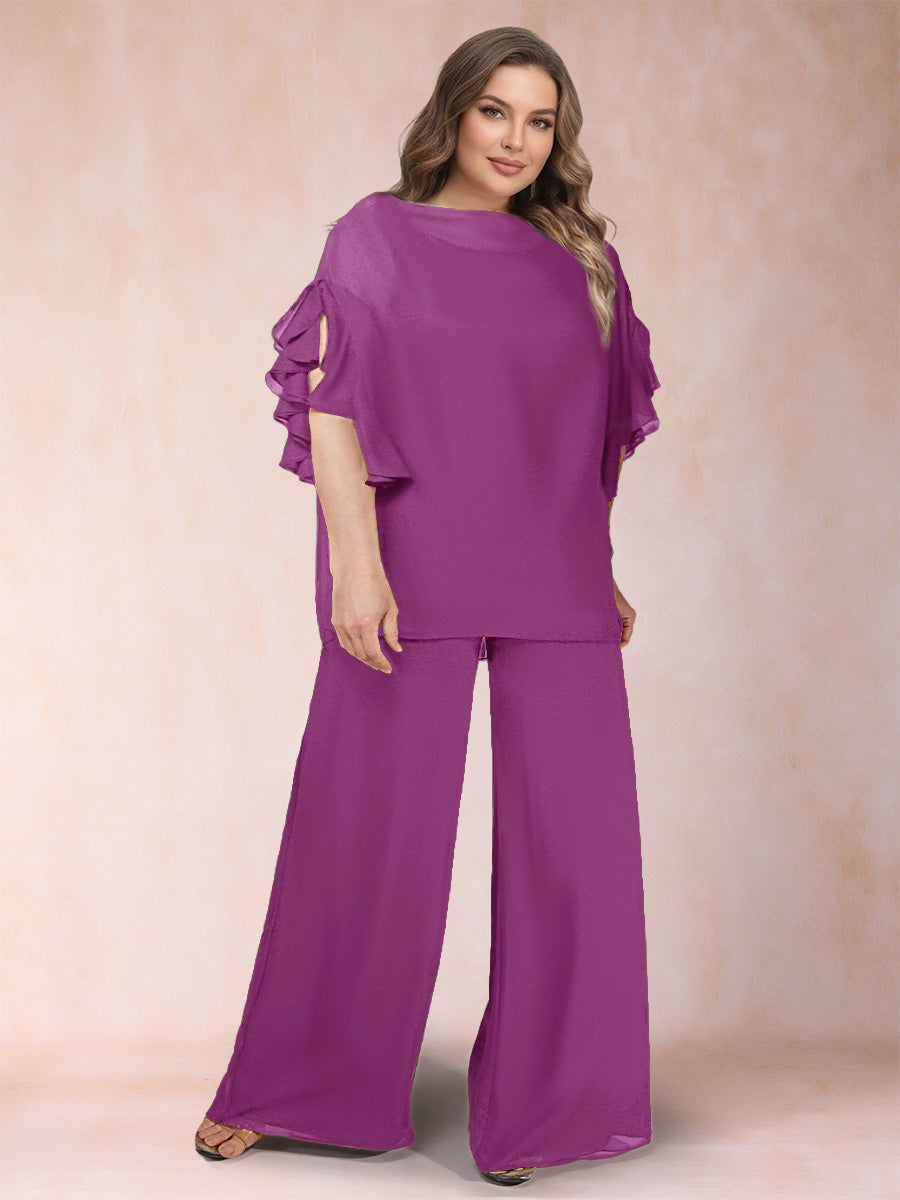 Black Chiffon Scoop Half Sleeves 2 Pieces Plus Size Jumpsuits with Ruches
