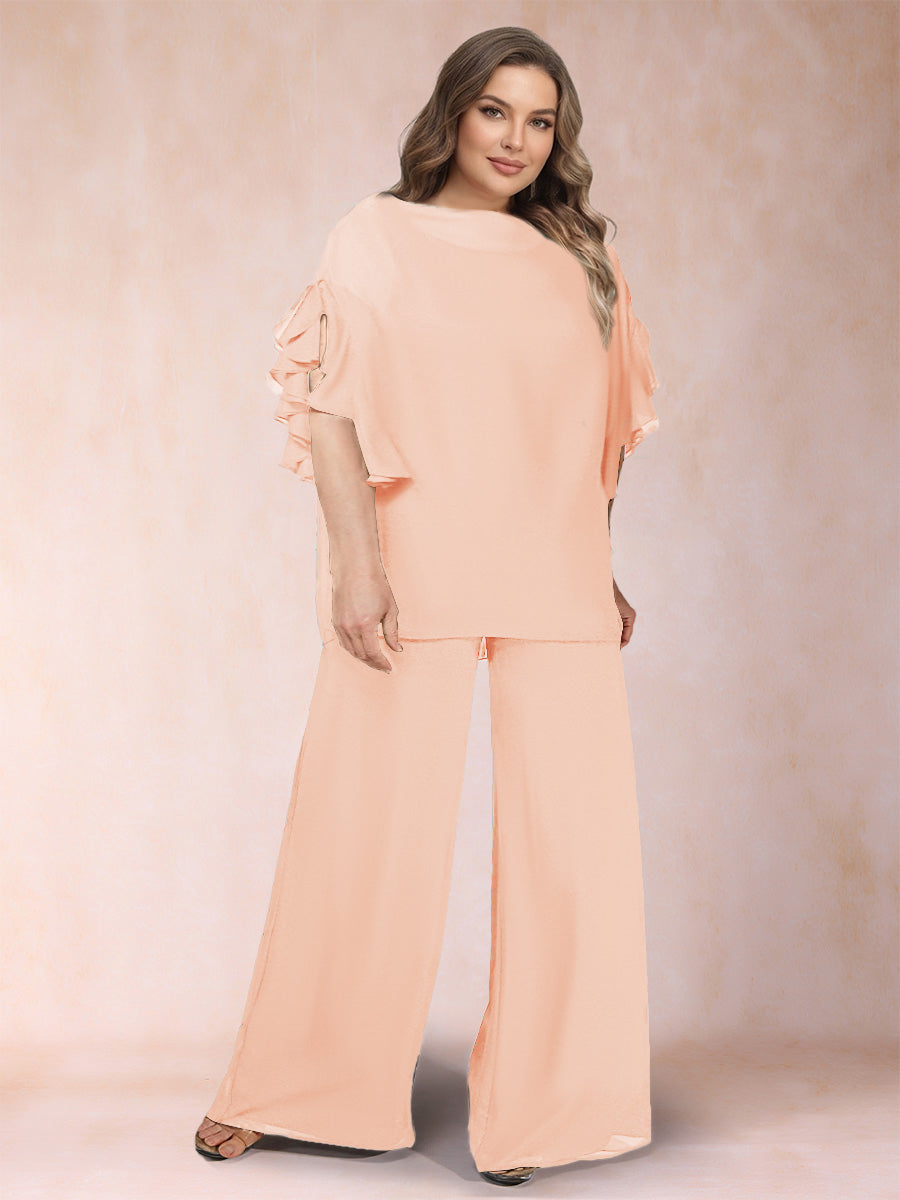 Black Chiffon Scoop Half Sleeves 2 Pieces Plus Size Jumpsuits with Ruches