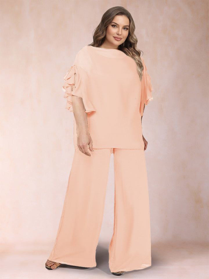 Black Chiffon Scoop Half Sleeves 2 Pieces Plus Size Jumpsuits with Ruches