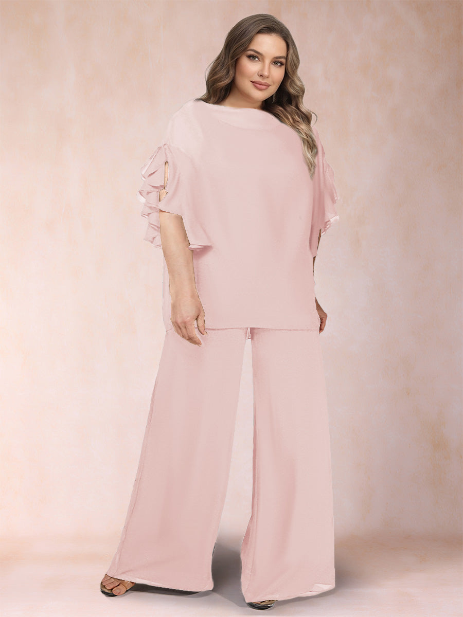 Black Chiffon Scoop Half Sleeves 2 Pieces Plus Size Jumpsuits with Ruches