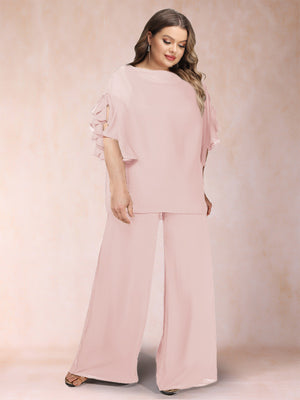 Black Chiffon Scoop Half Sleeves 2 Pieces Plus Size Pantsuits with Ruches