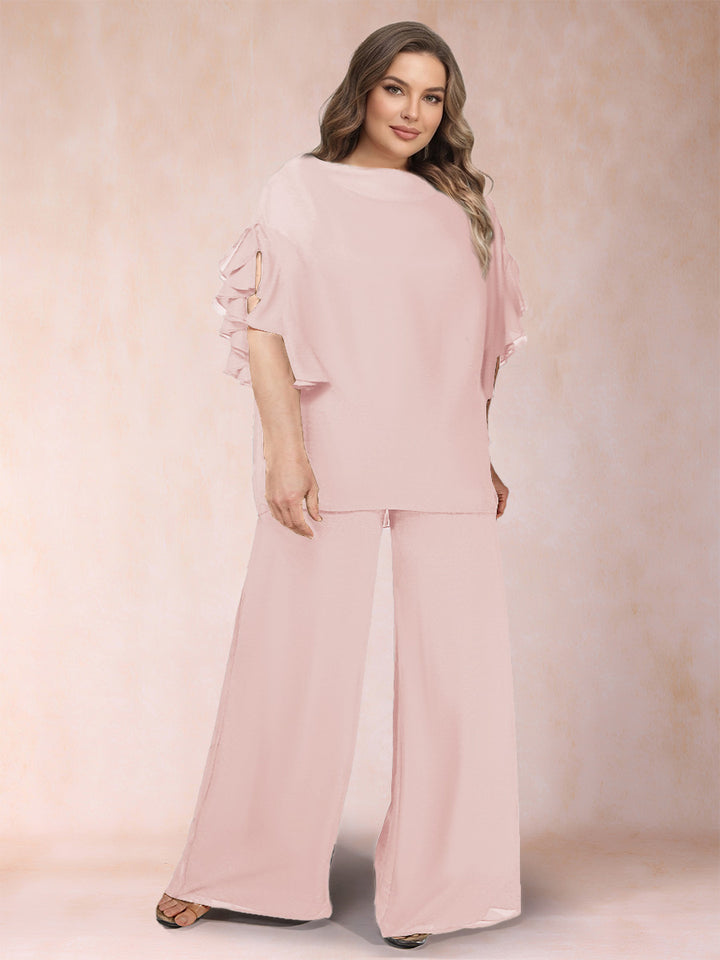 Black Chiffon Scoop Half Sleeves 2 Pieces Plus Size Jumpsuits with Ruches