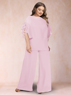 Black Chiffon Scoop Half Sleeves 2 Pieces Plus Size Pantsuits with Ruches