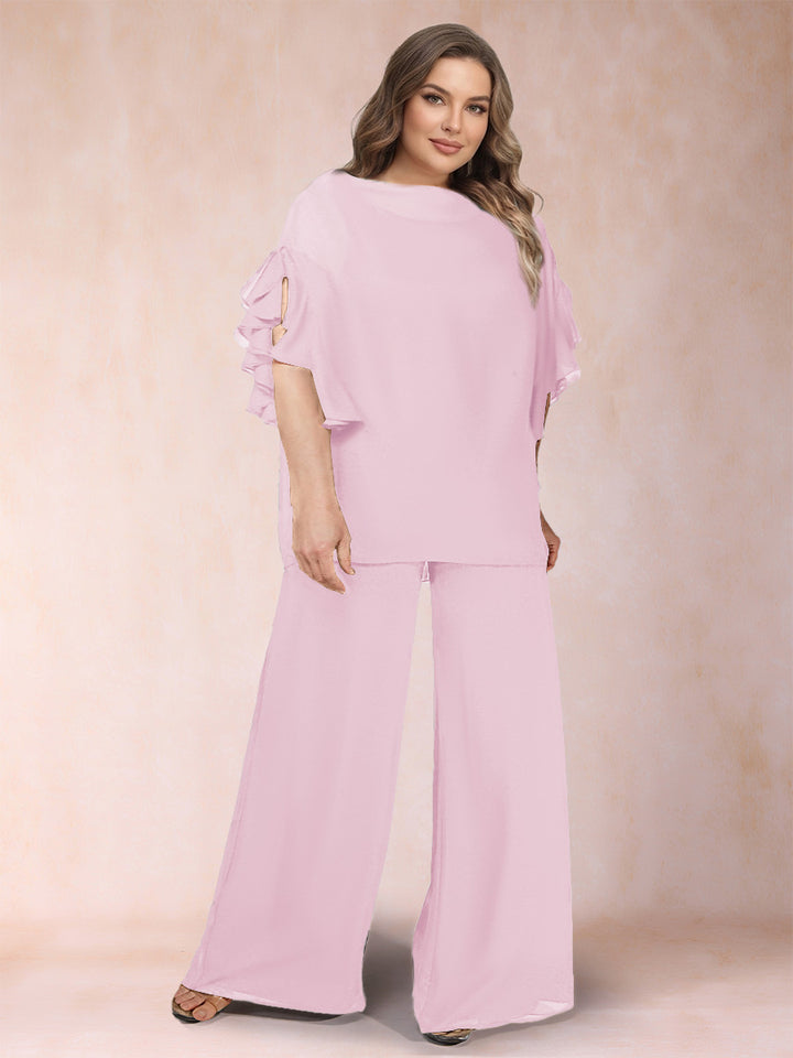 Black Chiffon Scoop Half Sleeves 2 Pieces Plus Size Jumpsuits with Ruches