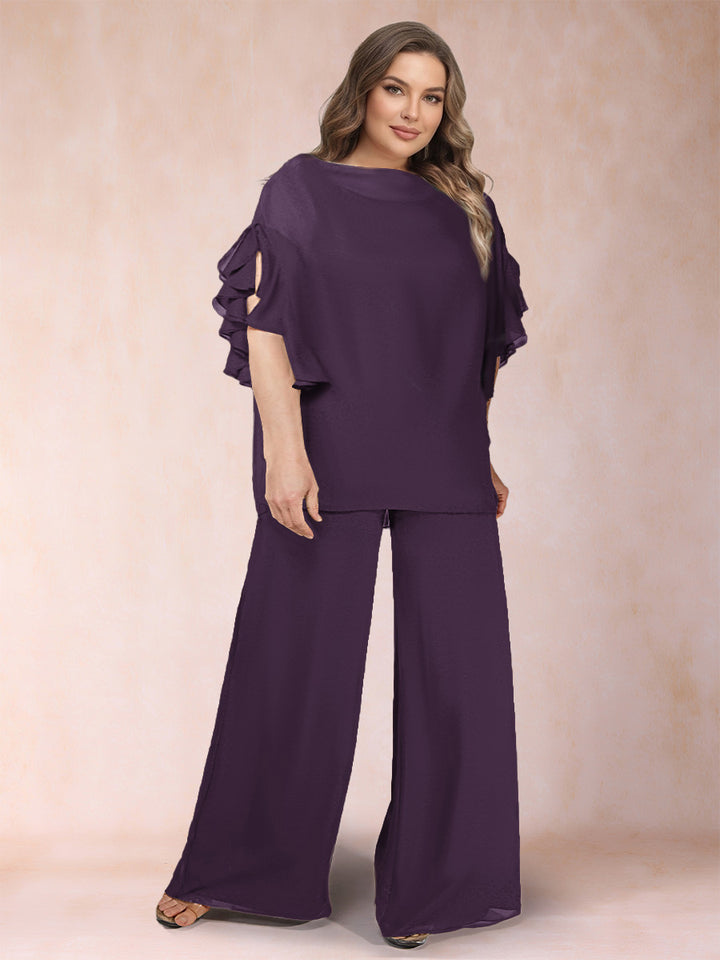 Black Chiffon Scoop Half Sleeves 2 Pieces Plus Size Jumpsuits with Ruches