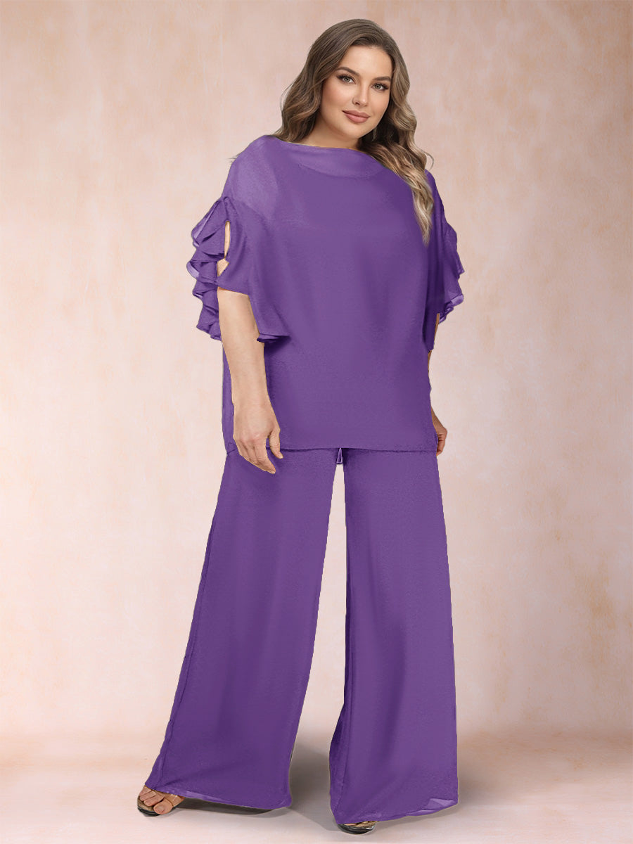 Black Chiffon Scoop Half Sleeves 2 Pieces Plus Size Jumpsuits with Ruches