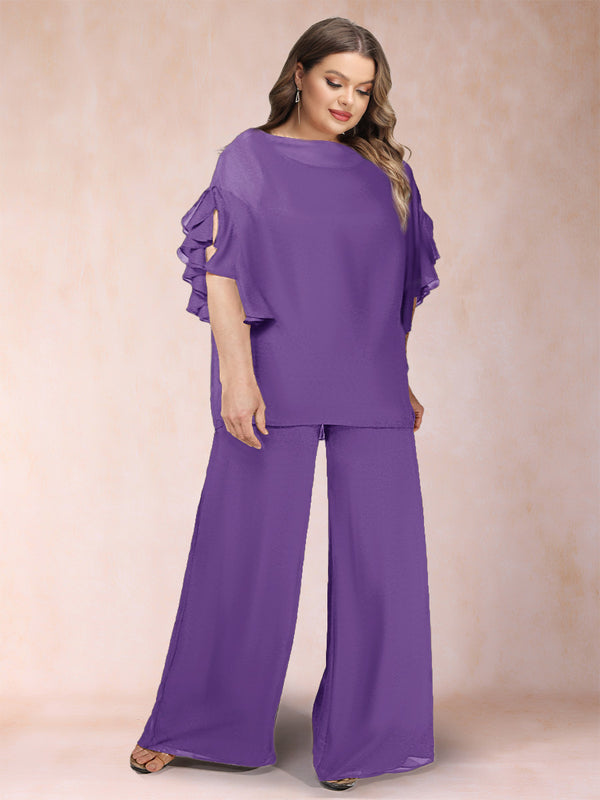 Black Chiffon Scoop Half Sleeves 2 Pieces Plus Size Pantsuits with Ruches