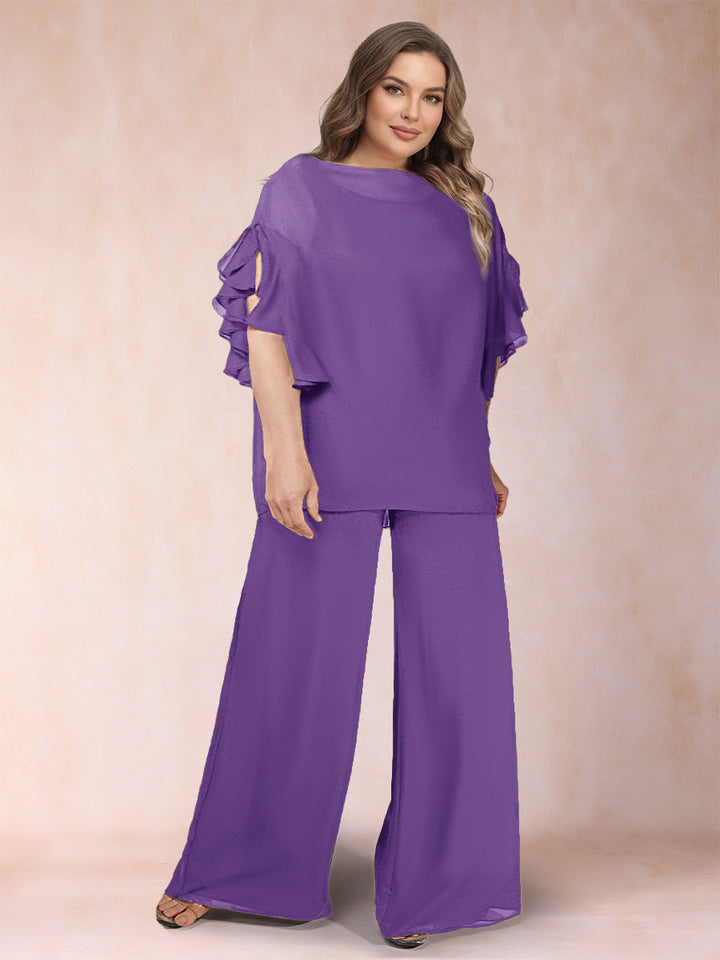Black Chiffon Scoop Half Sleeves 2 Pieces Plus Size Jumpsuits with Ruches