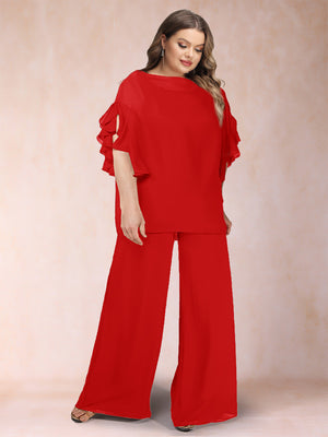 Black Chiffon Scoop Half Sleeves 2 Pieces Plus Size Pantsuits with Ruches