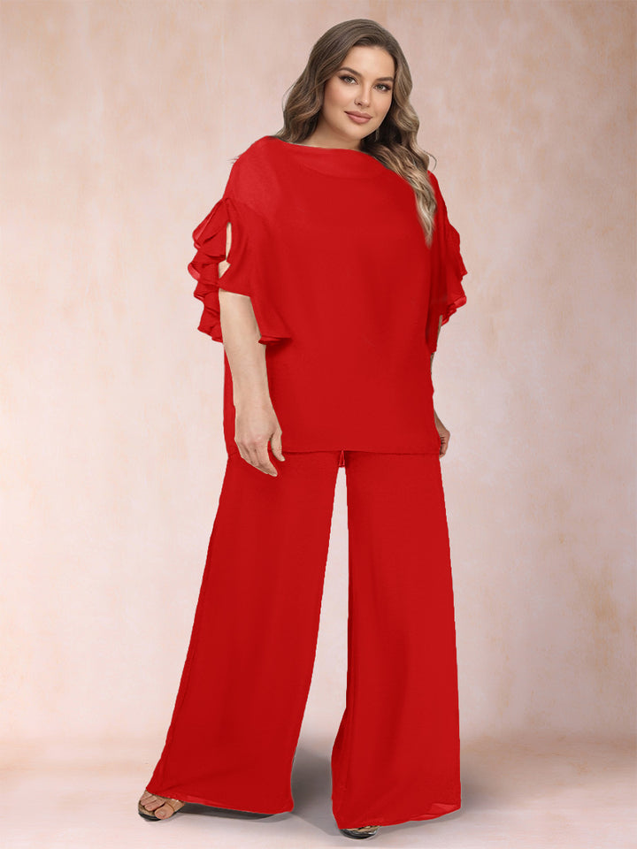 Black Chiffon Scoop Half Sleeves 2 Pieces Plus Size Jumpsuits with Ruches