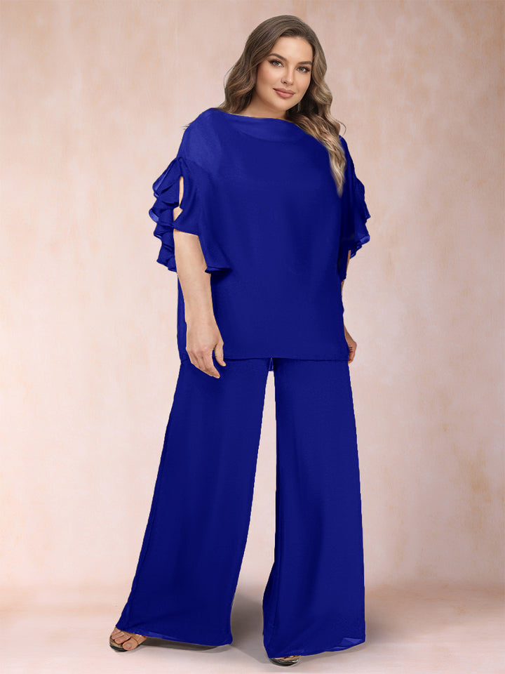 Black Chiffon Scoop Half Sleeves 2 Pieces Plus Size Jumpsuits with Ruches