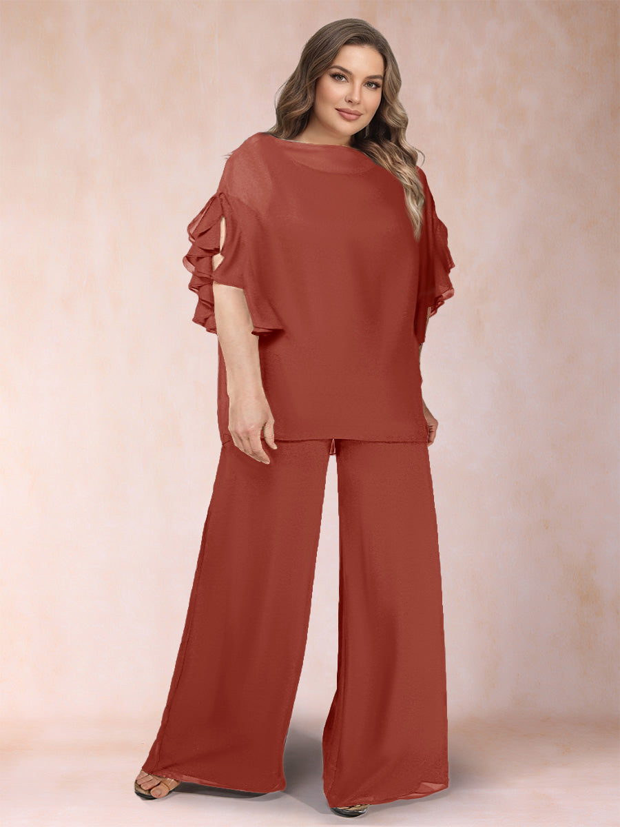 Black Chiffon Scoop Half Sleeves 2 Pieces Plus Size Jumpsuits with Ruches