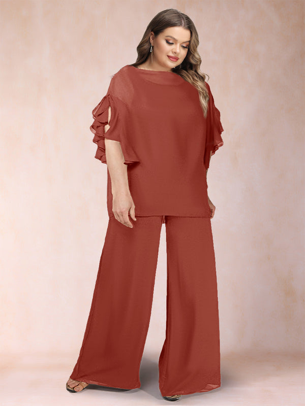 Black Chiffon Scoop Half Sleeves 2 Pieces Plus Size Pantsuits with Ruches