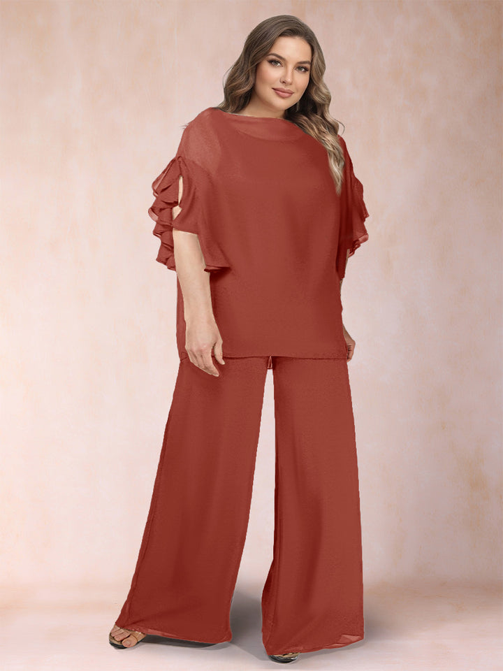 Black Chiffon Scoop Half Sleeves 2 Pieces Plus Size Jumpsuits with Ruches