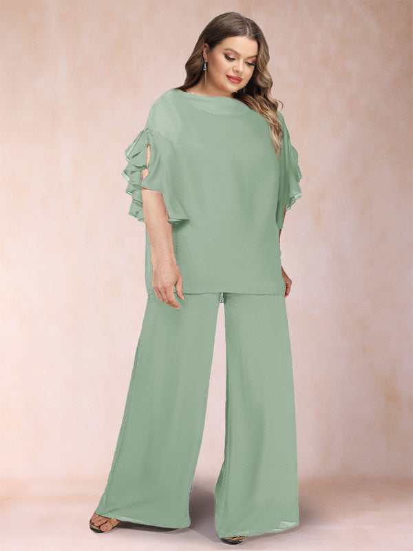 Black Chiffon Scoop Half Sleeves 2 Pieces Plus Size Pantsuits with Ruches
