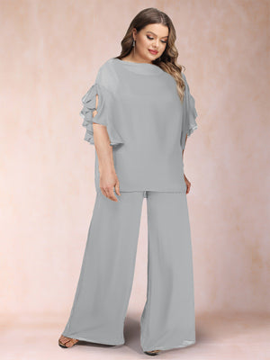 Black Chiffon Scoop Half Sleeves 2 Pieces Plus Size Pantsuits with Ruches