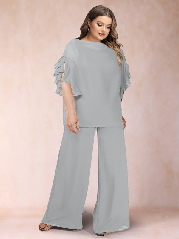 Black Chiffon Scoop Half Sleeves 2 Pieces Plus Size Pantsuits with Ruches