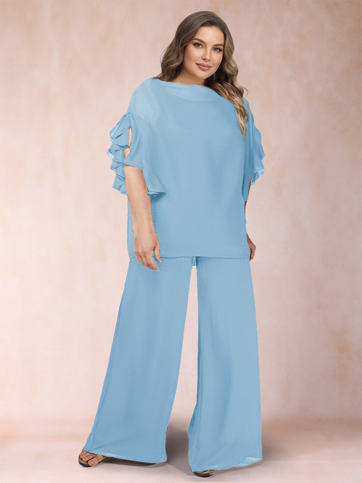 Black Chiffon Scoop Half Sleeves 2 Pieces Plus Size Jumpsuits with Ruches