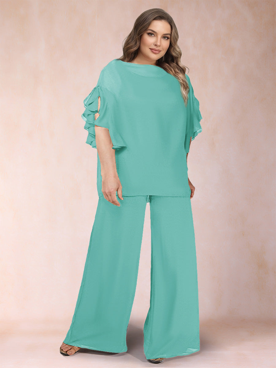 Black Chiffon Scoop Half Sleeves 2 Pieces Plus Size Jumpsuits with Ruches