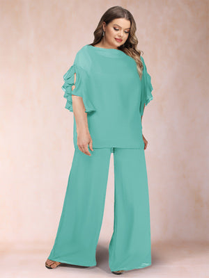 Black Chiffon Scoop Half Sleeves 2 Pieces Plus Size Pantsuits with Ruches