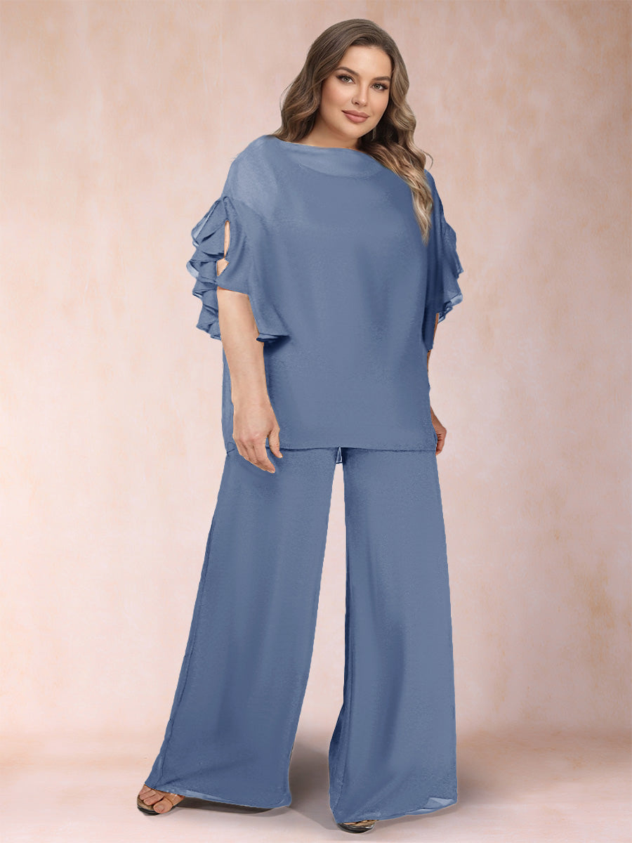 Black Chiffon Scoop Half Sleeves 2 Pieces Plus Size Jumpsuits with Ruches