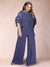 Black Chiffon Scoop Half Sleeves 2 Pieces Plus Size Pantsuits with Ruches