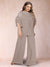 Black Chiffon Scoop Half Sleeves 2 Pieces Plus Size Pantsuits with Ruches
