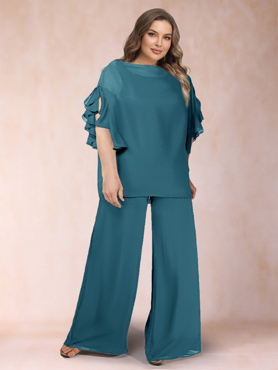 Black Chiffon Scoop Half Sleeves 2 Pieces Plus Size Jumpsuits with Ruches