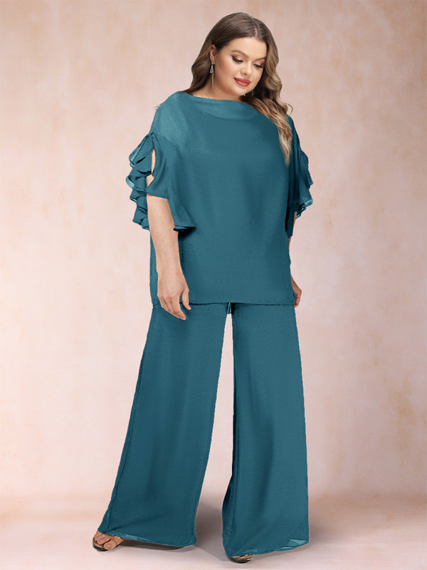 Black Chiffon Scoop Half Sleeves 2 Pieces Plus Size Pantsuits with Ruches