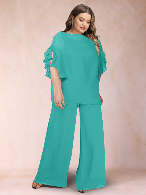 Black Chiffon Scoop Half Sleeves 2 Pieces Plus Size Pantsuits with Ruches