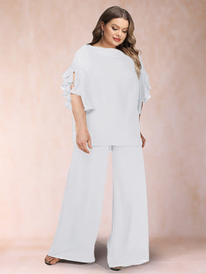 Black Chiffon Scoop Half Sleeves 2 Pieces Plus Size Pantsuits with Ruches