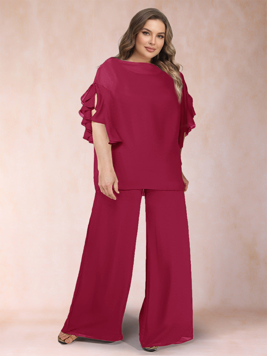 Black Chiffon Scoop Half Sleeves 2 Pieces Plus Size Jumpsuits with Ruches