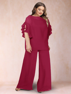 Black Chiffon Scoop Half Sleeves 2 Pieces Plus Size Pantsuits with Ruches
