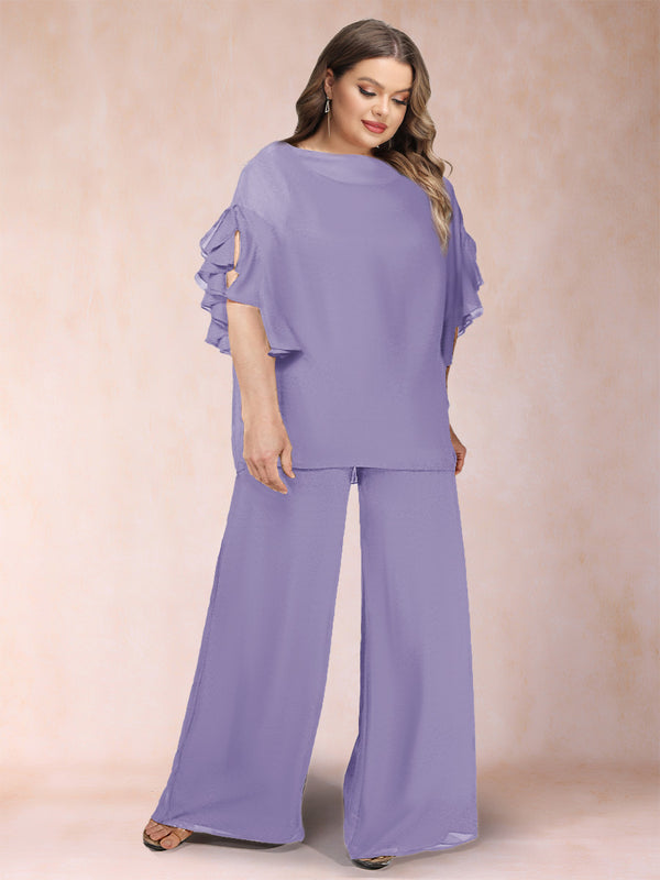 Black Chiffon Scoop Half Sleeves 2 Pieces Plus Size Pantsuits with Ruches