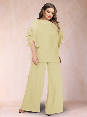 Black Chiffon Scoop Half Sleeves 2 Pieces Plus Size Pantsuits with Ruches