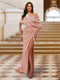Sheath/Column One-Shoulder Ruched Satin Long Evening Dresses with Split Side