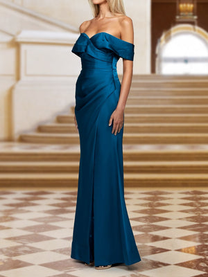 Sheath/Column Off-the-Shoulder Ruched Long Prom Dresses with Side Slit