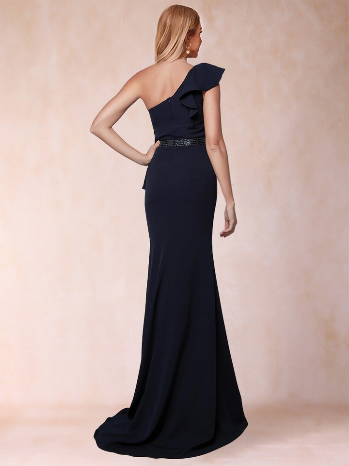 Sheath/Column One-Shoulder Ruched Mother of the Bride Dresses with Ruffles &amp; Split Side