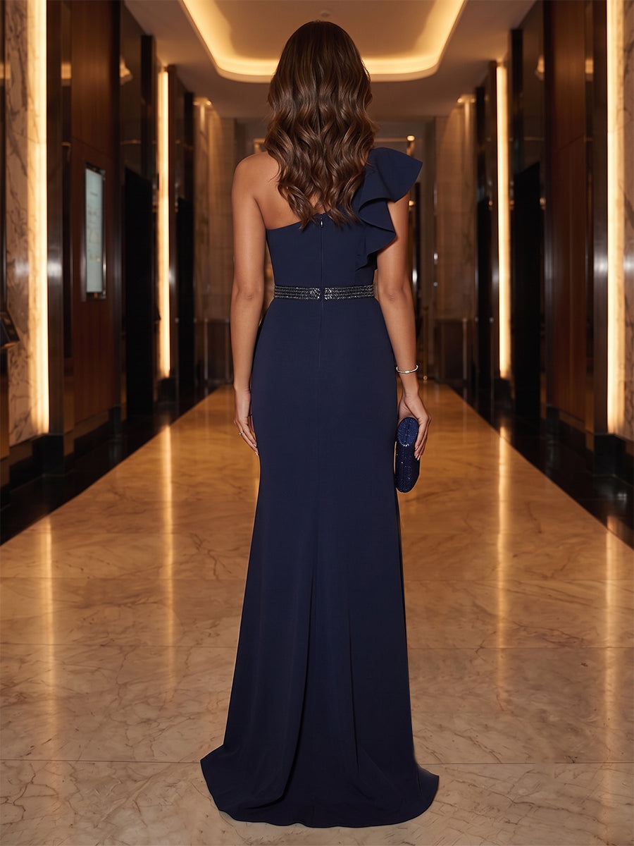 Sheath/Column One-Shoulder Evening Dresses with Ruffles &amp; Split Side &amp; Ruched
