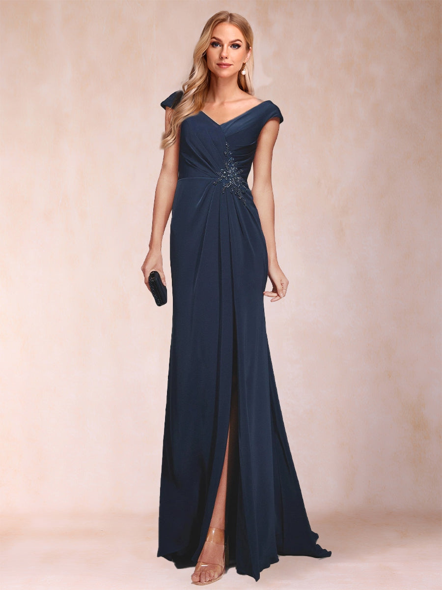 Sheath/Column V-Neck Ruched Mother of the Bride Dresses with Appliques &amp; Split Side