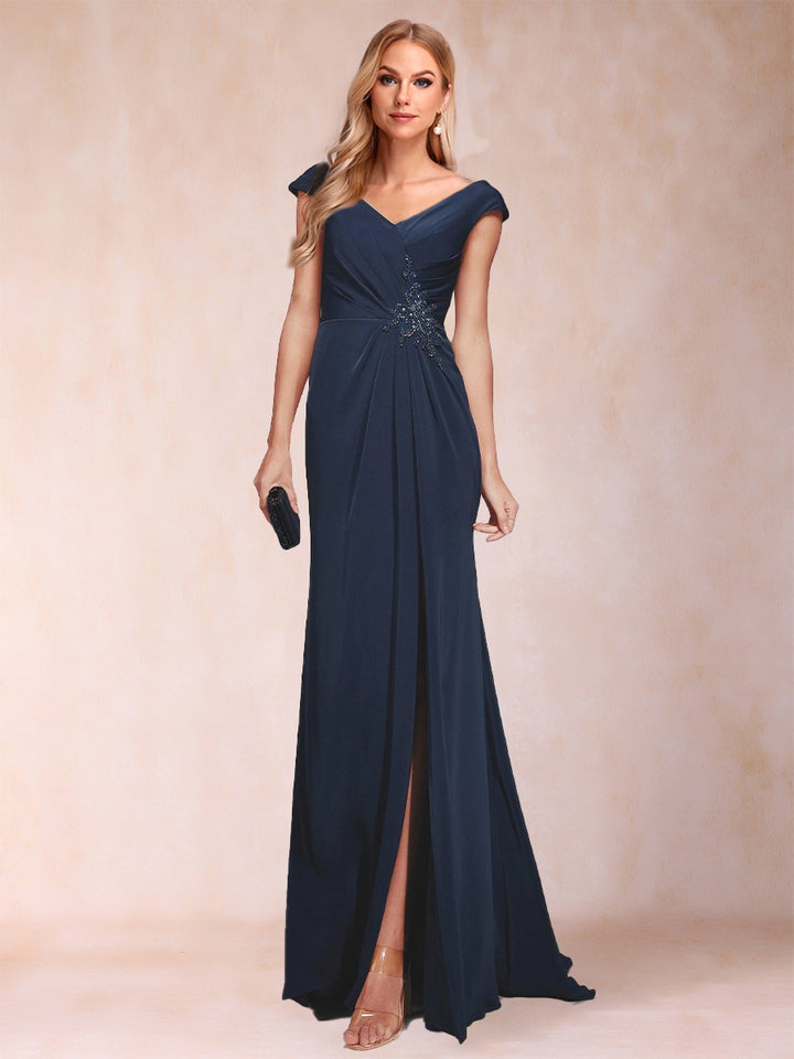 Sheath/Column V-Neck Ruched Mother of the Bride Dresses with Appliques &amp; Split Side