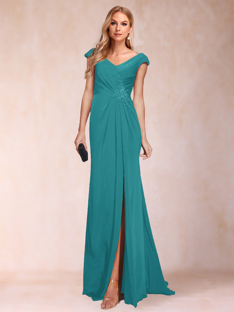 Sheath/Column V-Neck Ruched Mother of the Bride Dresses with Appliques &amp; Split Side