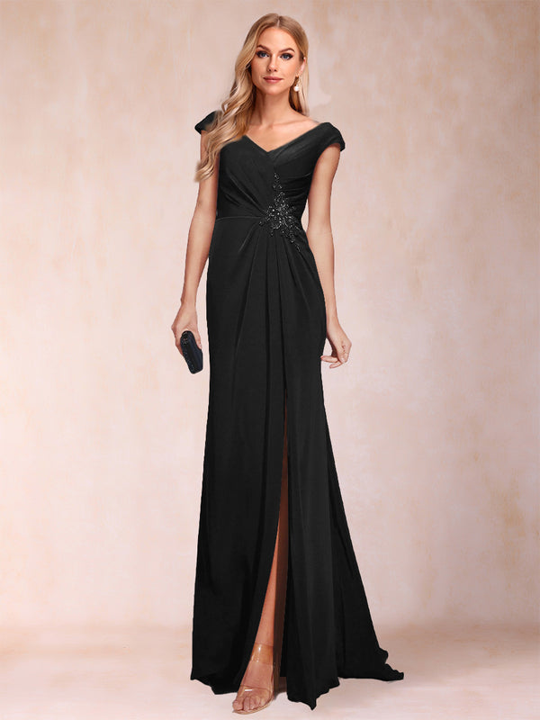 Sheath/Column V-Neck Ruched Mother of the Bride Dresses with Appliques & Split Side
