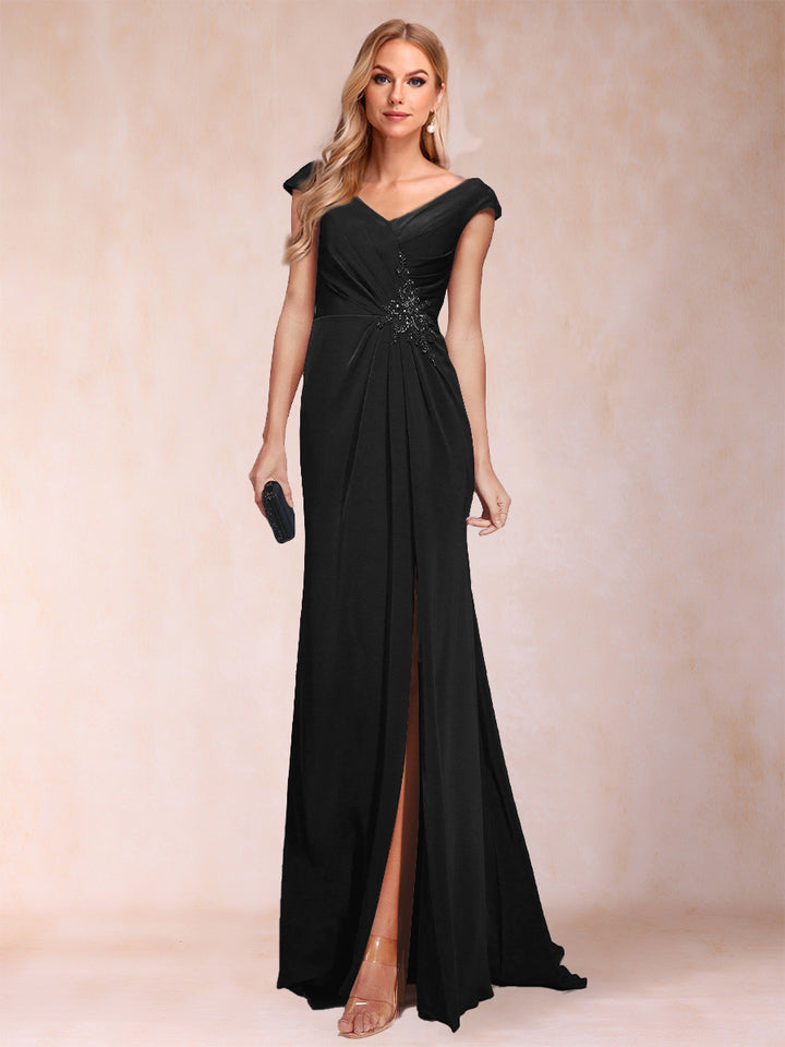Sheath/Column V-Neck Ruched Mother of the Bride Dresses with Appliques &amp; Split Side